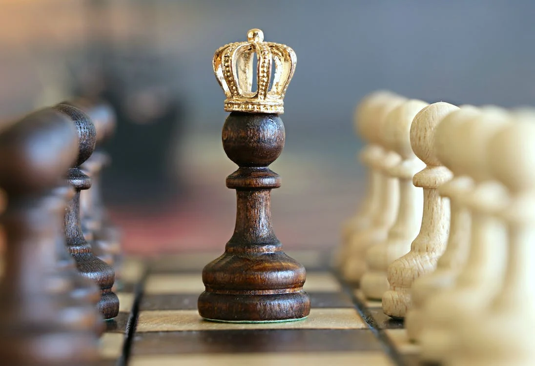 Chess pawn wearing a king crown, on a chess board.