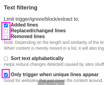 my Text filtering defaults in Changedetection.