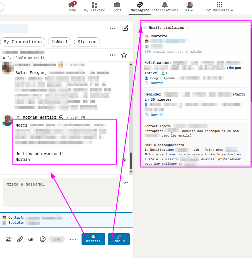 A screenshot of the auto-reply / Emails buttons in LinkedIn Web UI